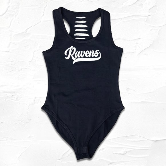 Black/White Ravens Script Bodysuit - Picture 1 of 3